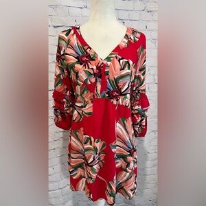 Anthropologie Fig and Flower Red Dress High Waist Ruffle Balloon Sleeve  Boho S